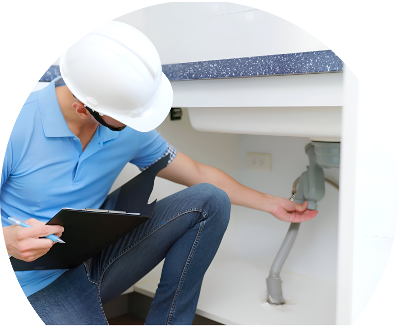 Shines plumbing specialist wearing a white hard hat, blue polo, and jeans, holding a clipboard while inspecting pipes under a sink for a water leak detection check.