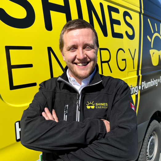 Shines technician standing by our famous green trucks in a residential neighbourhood. Shines technician standing by our famous green trucks in a residential neighbourhood.