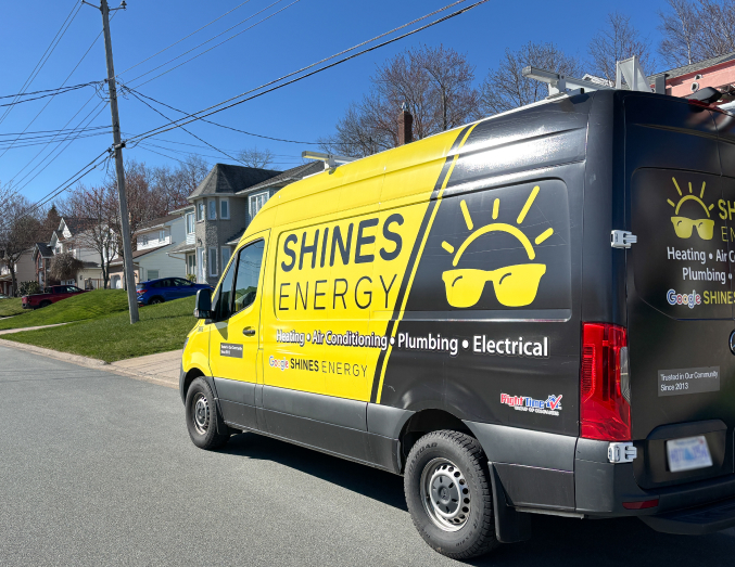 Shines service van with HVAC, plumbing, and electrical branding parked in a suburban neighborhood, promoting local trust. Shines service van with HVAC, plumbing, and electrical branding parked in a suburban neighborhood, promoting local trust.